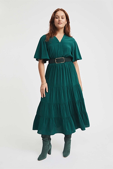 Teal Green Viscose Flutter Sleeve Dress - Women's Workwear Dresses |  Witchery