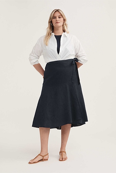 French Linen Wrap Midi Skirt