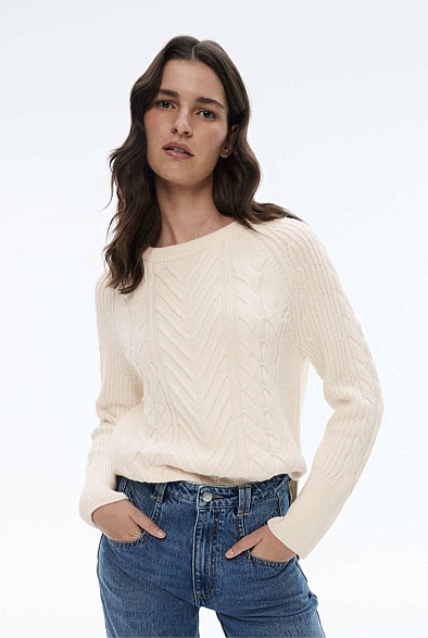 Chalk Cable Crew Neck Knit - Women's Crew Neck Jumpers | Witchery