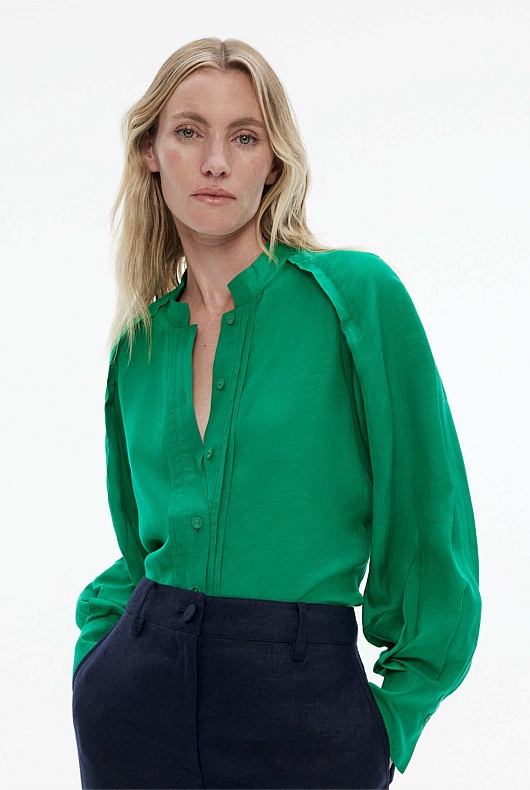 Viridian Green High Neck Raglan Sleeve Blouse - Women's Long