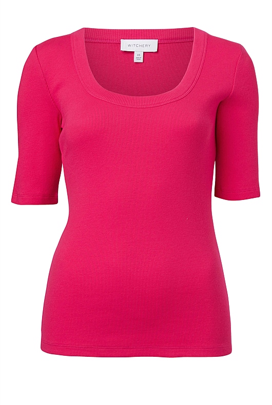 Hot Pink Cotton Rib Scoop Tee - Women's Short Sleeve Tops | Witchery